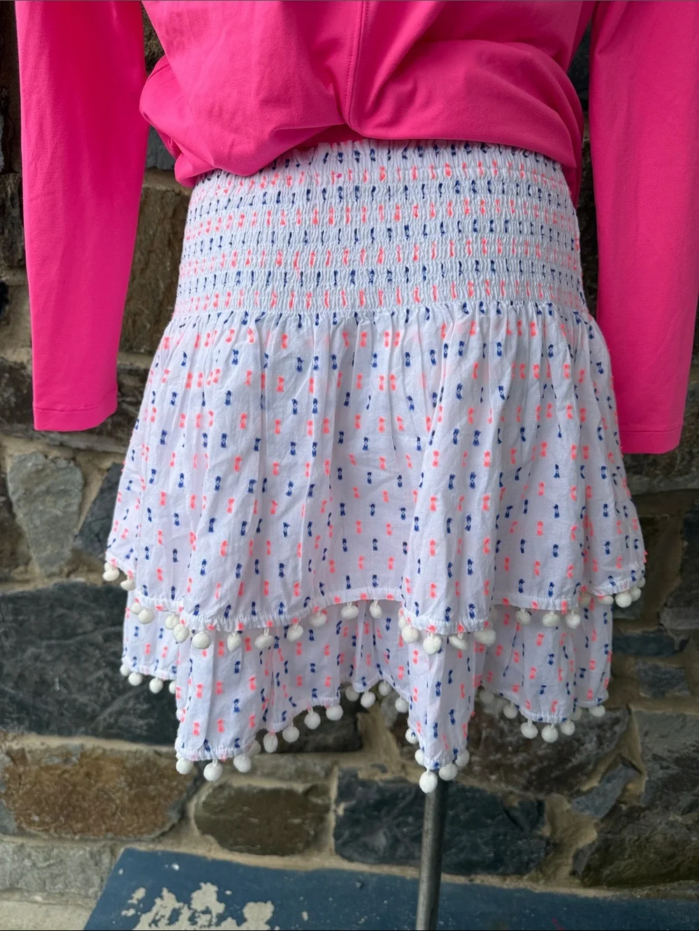 Lilly Pulitzer Ethenia Layered Pom Pom Layered Mini Skirt in Neon Clip Dot Large